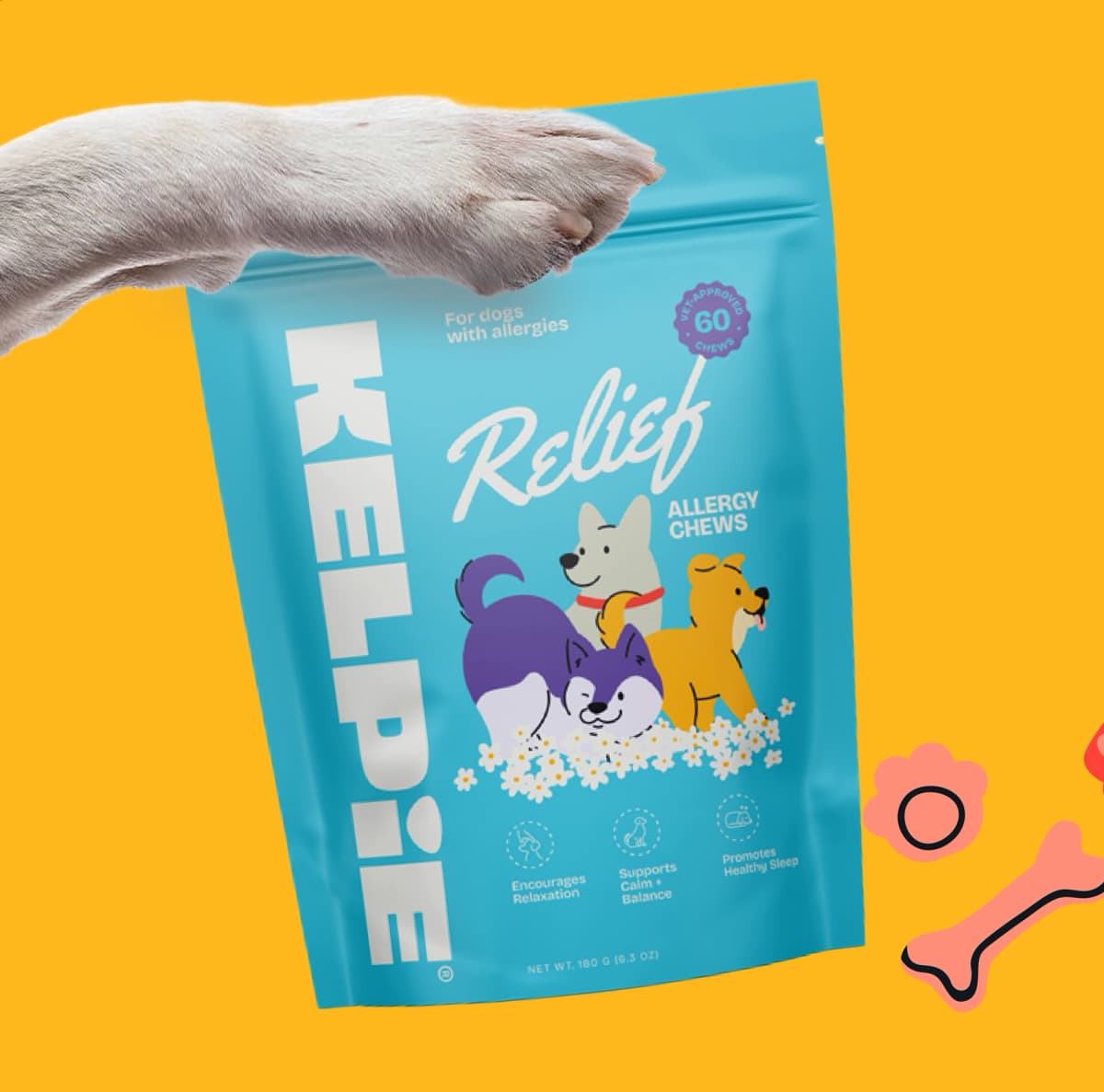 A dog's paw holding a blue bag of Kelpie Relief Allergy Chews with cartoon dogs and flowers on it
