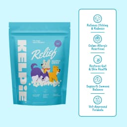 A blue bag of Relief allergy chews for dogs with a cartoon illustration of three dogs and a list of benefits to the right