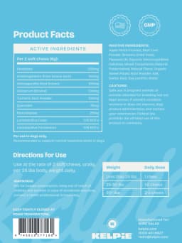 Image of a dog supplement label showing active and inactive ingredients, dosage instructions, and manufacturer information