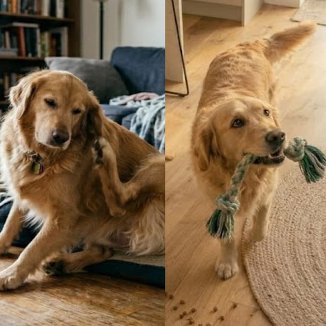 Two images of a golden retriever, one lying down on a dog bed and the other standing on a wooden floor with a rope toy in its mouth