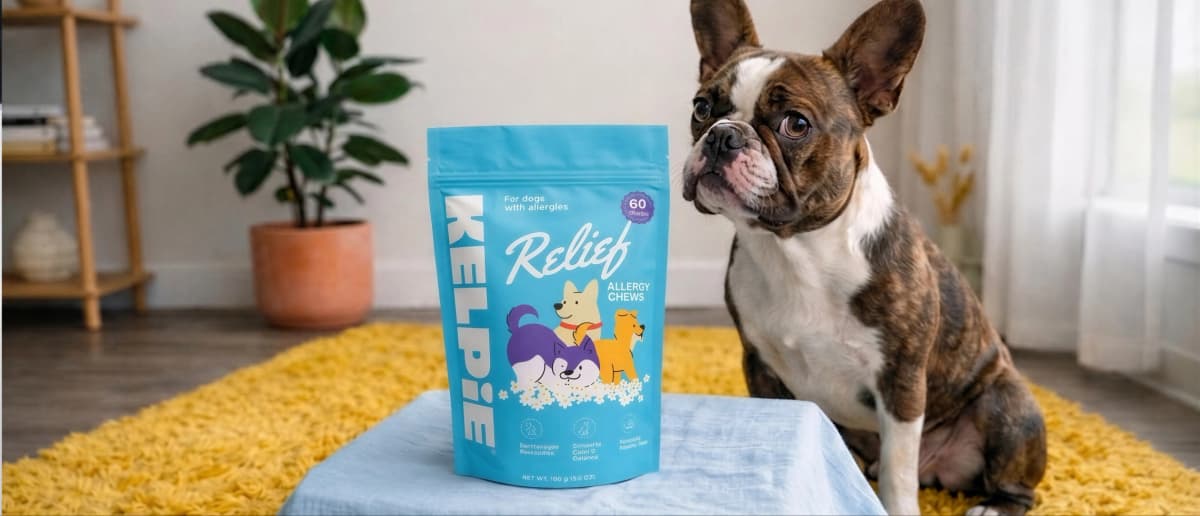 A brown and white French bulldog sitting next to a blue bag of PetRelief allergy chews on a table in a living room