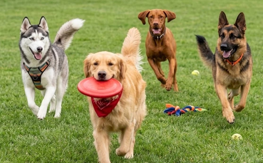 Four dogs running on a grassy field, a golden retriever holding a frisbee
