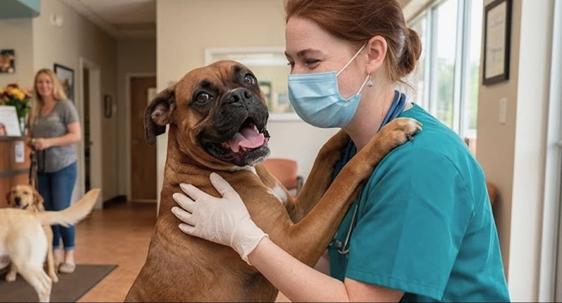 A woman in teal scrubs and a face mask examines a brown Boxer dog, with a second woman and another dog in the background