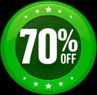 A green circular badge with white text showing 70 percent off