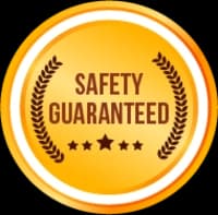 A gold badge with the words 'SAFETY GUARANTEED' and three stars