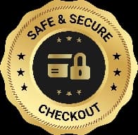 A gold and black badge with a credit card and padlock icon, surrounded by stars, indicating a secure checkout process