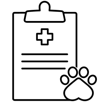 A clipboard with a medical cross and lines for text next to a paw print