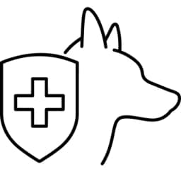 A line drawing of a dog's head next to a shield with a medical cross