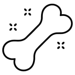 A simple black line drawing of a dog bone with three small clusters of four dots around it