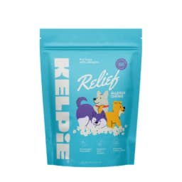 A teal-colored bag of Keldjie Relief Allergy Chews for dogs, featuring three cartoon dogs