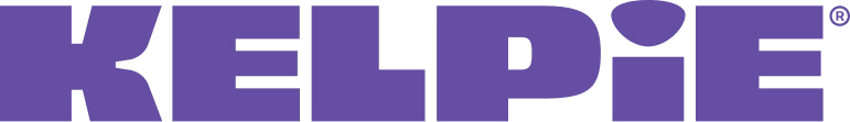 Purple floral-shaped logo with the text 'KELPIE' and a registered trademark symbol, all on a white background.