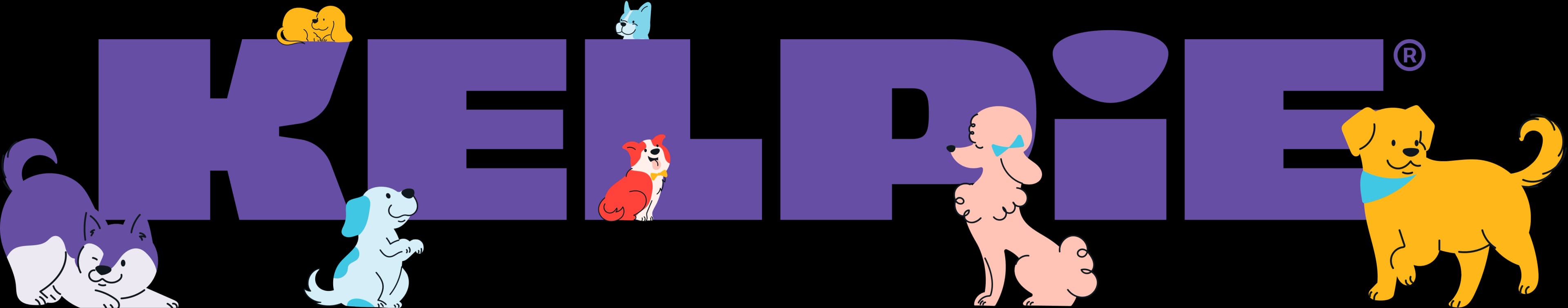 An abstract purple 'KELOP' logo with a registered trademark symbol and surrounded by six animated dogs in various poses and colors: a cat, yellow dog atop 'K', a puppy below 'K', a red dog on 'L', a poodle on 'P', and a golden retriever at 'E'.