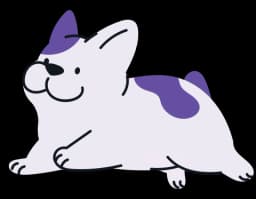 A cartoon drawing of a French Bulldog with a purple saddle patch and a smaller purple spot near its tail, lying down in a relaxed position on a white background with a happy expression.
