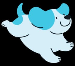 Blue and white cartoon dog with its tongue out, running, with simple lines for legs and a black nose