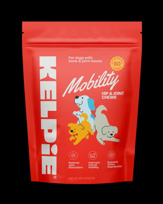 orange bag with '4 dogs with bone & joint issues', 'MOBILITY', 'HIP & JOINT CHEWS', $3.99/100g icon, and 3 colorful dogs playing