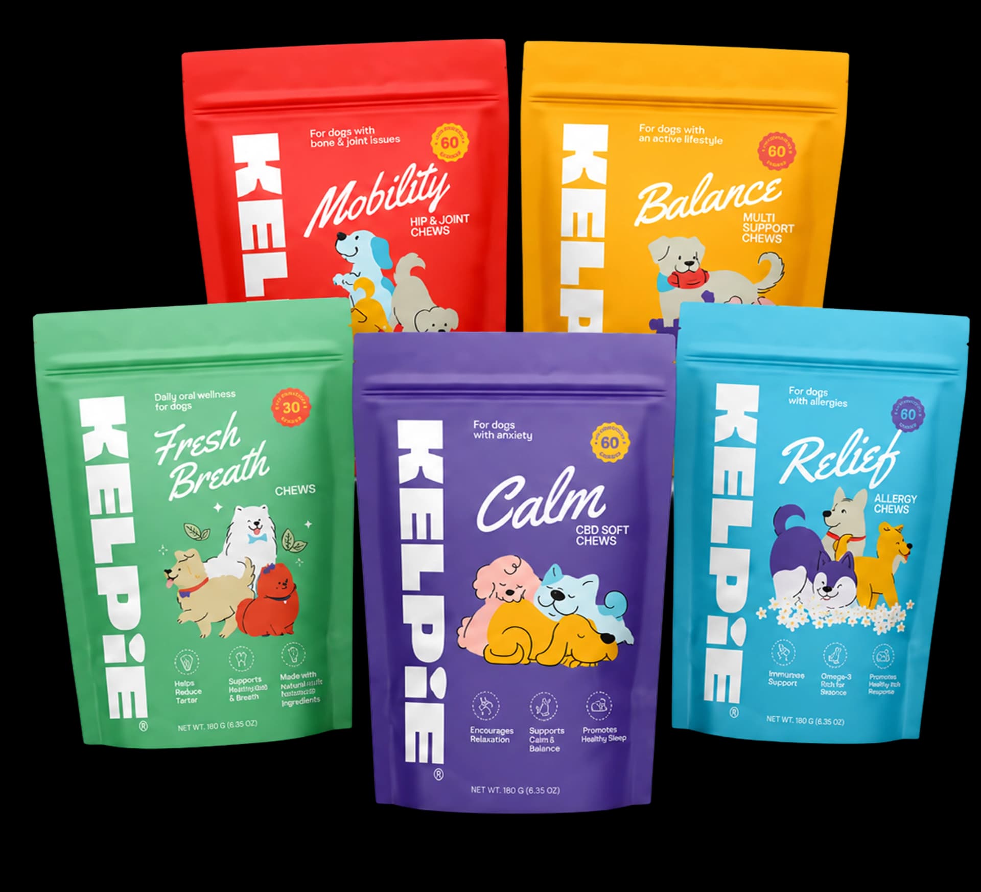 Five colorful bags of KELPIE dog treats featuring phrases like 'Mobility', 'Balance', 'Fresh Breath', 'Calm', and 'Relief', each with dog illustrations and white text branding